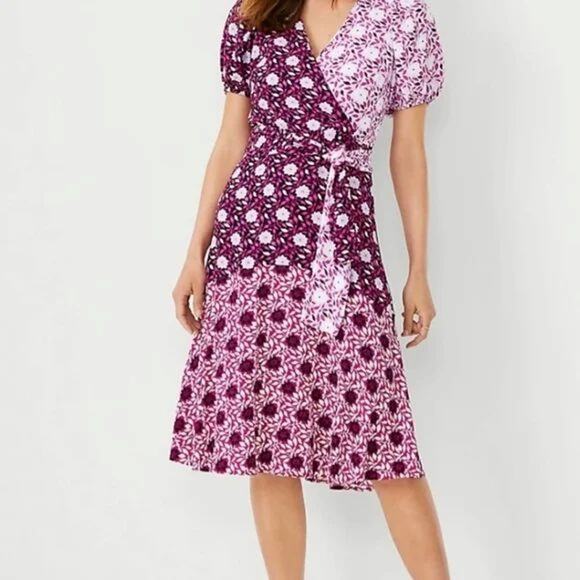 Ann Taylor Mixed Floral Midi Faux Wrap Dress Women's Size 8 - Picture 1 of 6